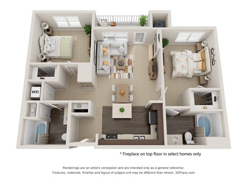 Floor plan for 2 beds, 2 baths, 1136 sqft